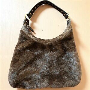 Vtg Tianni Faux Fur Handbag | Brown Shoulder Bag Leather Studded Strap Festival‎